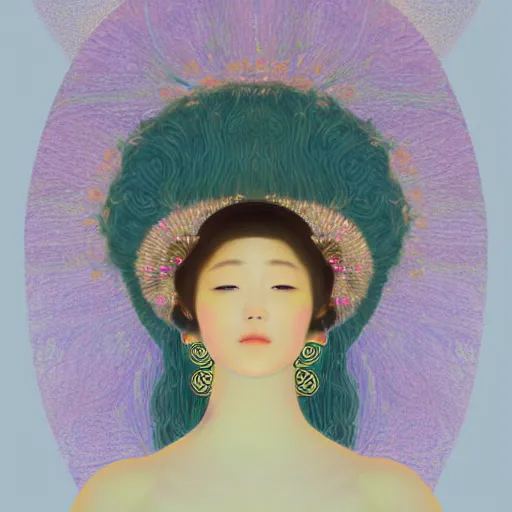 Prompt: a portrait of a very beautiful goddess with halo behind her head, in the style of WLOP and Hsiao-Ron Cheng and Gustav Klimt