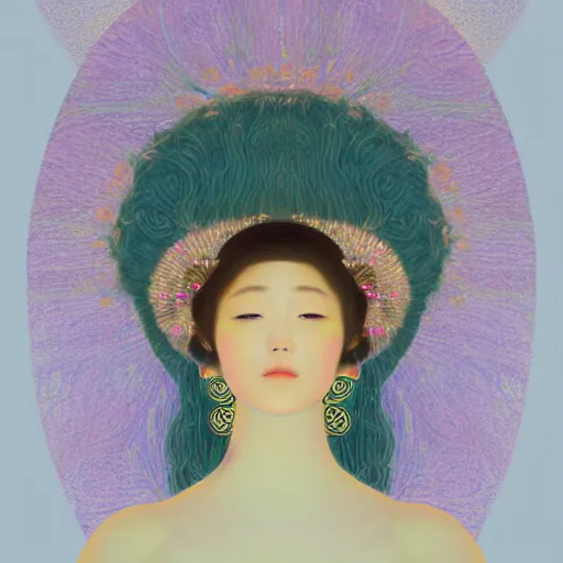 Image similar to a portrait of a very beautiful goddess with halo behind her head, in the style of WLOP and Hsiao-Ron Cheng and Gustav Klimt