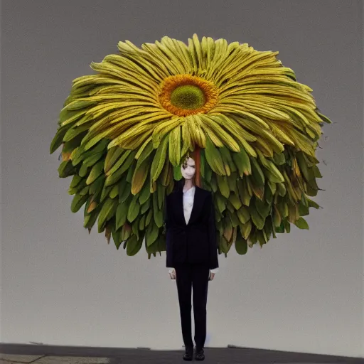 Image similar to giant daisy flower head, frontal, girl in a suit standing on street, surreal photography, sunrise, dramatic light, impressionist painting, digital painting, artstation, simon stalenhag