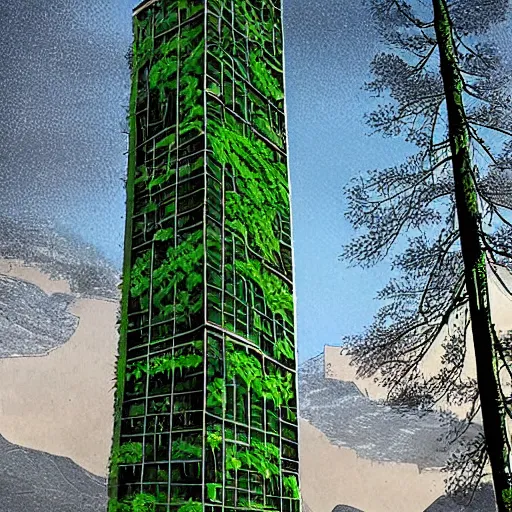 Prompt: vertical farm towers surrounding a sci - fi nuclear containment building in a steep - sided valley with trees, a sense of hope, in the style of edouard groult