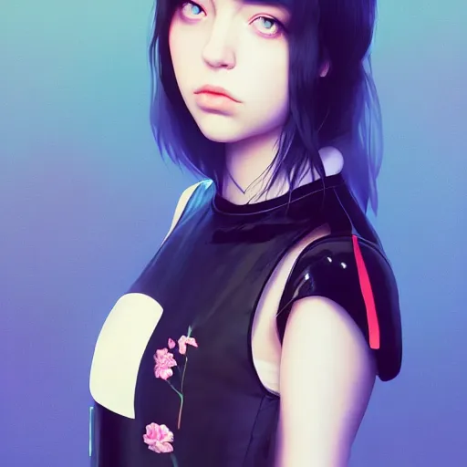 Image similar to a beautiful young japanese billie eilish kat dennings alluring instagram model in elaborate latex tank top, by guweiz and wlop and ilya kuvshinov and artgerm and makoto shinkai and studio ghibli, symmetrical eyes, aesthetic, gorgeous, stunning, alluring, attractive, artstation, deviantart, pinterest, digital art