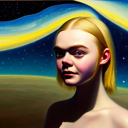 Image similar to portrait of a elle fanning wearing a spacesuit in the dark depths of space, detailed realism face in painting, detailed beautiful portrait, oil painting masterpiece, 8 k resolution, smooth, sharp focus, trending on artstation, by edward hopper