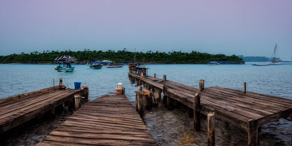 Prompt: jetty at pulau indah village, boat in foreground, early morning, detailed matte painting, low angle view, telephoto lens, bokeh, studio ghibli, artstation