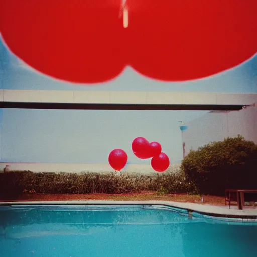 Prompt: a red helium balloon floating above a pool inside a building from the 1 9 8 0's with no windows or people inside, old polaroid, expired film