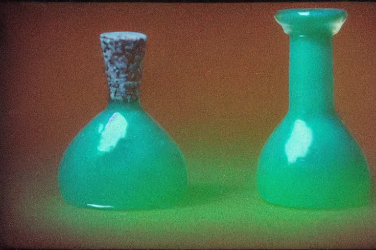 Image similar to small potion with a cork top filled with a green and turquoise gradient liquid, on a desk, old film photo