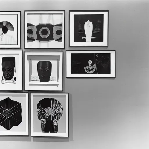 Image similar to A black and white photography printed in offset lithography of an exhibition space with works of Sun Ra, Marcel Duchamp and tropical plants, 60s, Modern Art