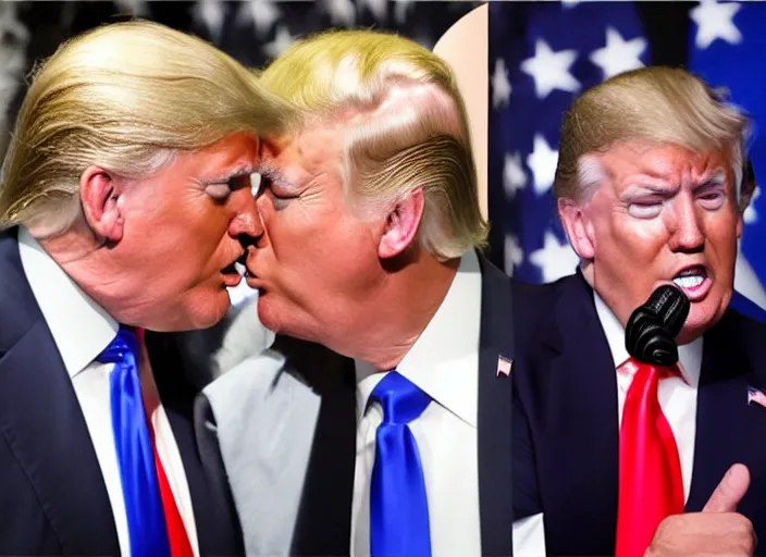 Image similar to a detailed photo of joe biden and donald trump kissing, putin laughing, 8 k