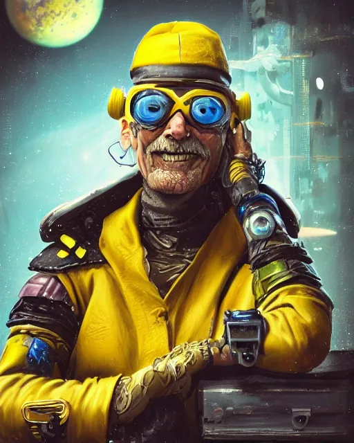Prompt: an intimate portrait of a gnarly human cyberpunk captain, old skin, faded hat, charming, strong leader, small white goggles, a look of cunning, big smile, detailed matte fantasy painting, the planets and night war rages behind him, yellow and blue and cyan
