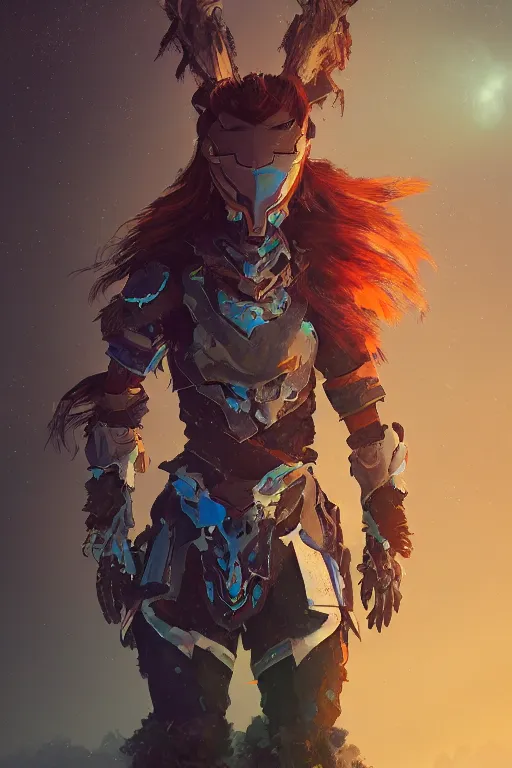 Image similar to combination suit armor aloy horizon forbidden west horizon zero dawn radiating a glowing aura global illumination ray tracing hdr fanart arstation by ian pesty and alena aenami artworks in 4 k tribal robot ninja mask helmet backpack