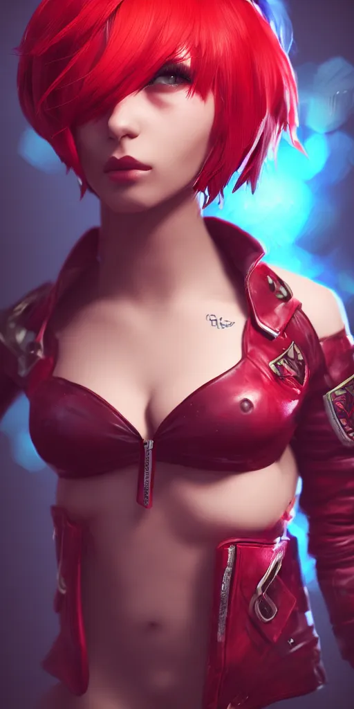 Image similar to a girl with short red hair, cool, vi from arcane, league of legends, fighter, cool red jacket, tattoo, beautiful, 3 d, potrait, art staion, studio light, closeup shot, octane render, wlop, realistic, neon