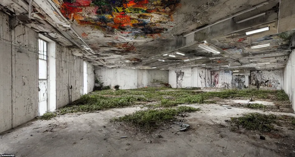 Prompt: abandoned overgrown brutalist warehouse with several paintings of utopian paintings! of lush landscapes! hung on the walls like a gallery, rusted over robots painting! on the canvases, servers scattered over the floor, wires dangling