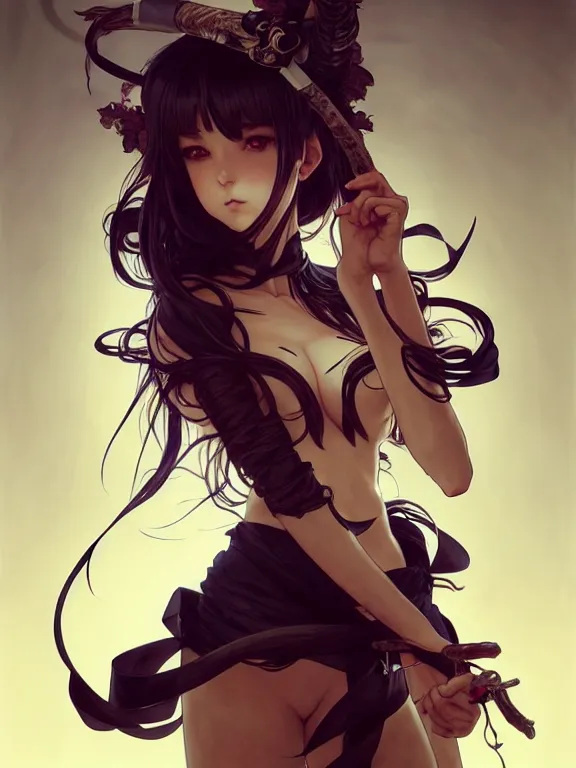 Image similar to full body picture of a monster huntress with big ribbons, bored, beautiful and aesthetic, intricate, unreal engine, messy hair, highly detailed, detailed face, smooth, sharp focus, chiaroscuro, manga illustration, artgerm, greg rutkowski, ilya kuvshinov, rossdraws, alphonse mucha, young adult light novel cover art