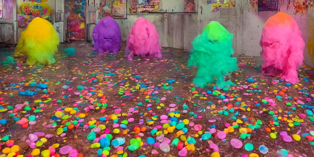 Prompt: a huge messy colorful puddle of runny rainbow sherbet on the floor of a abandoned ice cream parlor comes to life, the sherbet raises to stand in the shape of a evil clown with sharp scary fangs attacking. a legion of giant evil gummy bares are behind.