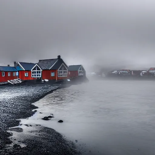 Prompt: icelandic fishing village with rustic architecture. cyberpunk style. apocalyptic style. photo. photorealistic. nebulous. fog.