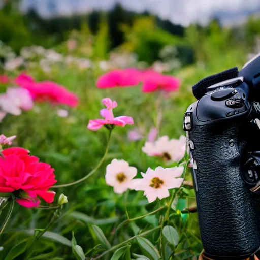 Prompt: photo of a dslr camera surrounded by flowers