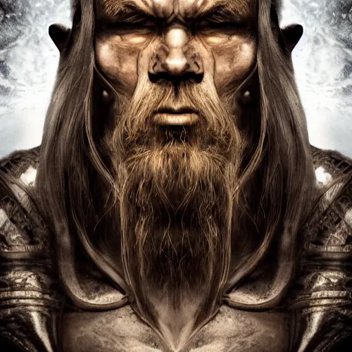 Prompt: portrait photo of a powerful magical giant, long stylized face, fantasy, detailed, maximalist