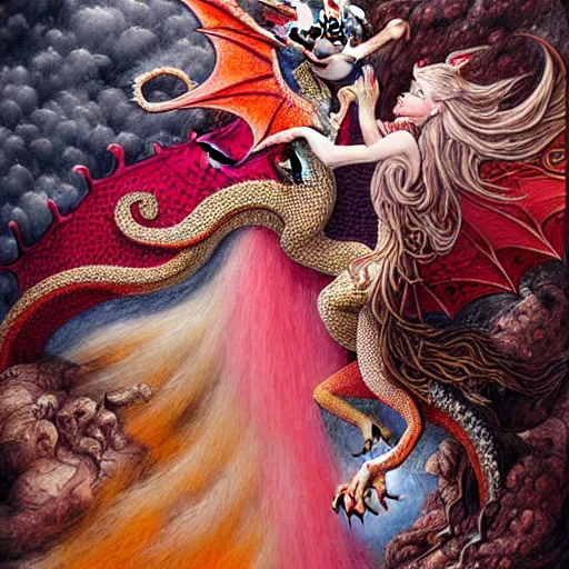 Image similar to miniature painting of a dragon fighting a woman with red+velvet+pink+orange+white colors by Mahmoud Farshchian, intricate, insane detailed, very detailed, Farshchian painting, Farshchian miniature, by Mahmoud Farshchian