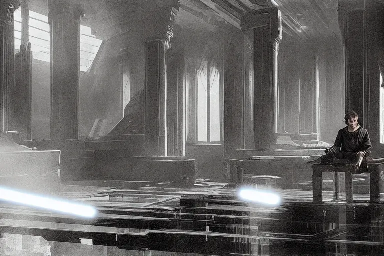 Prompt: anakin skywalker building his lightsaber in the Jedi library in the jedi temple on coruscant, beautiful concept art, amazing composition, dynamic volumetric lighting, global illumination, artwork by Raphael Lacoste