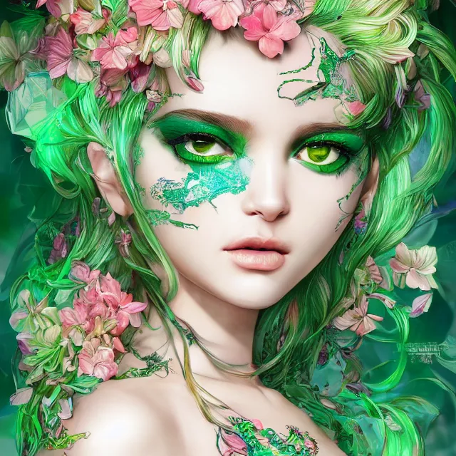 Image similar to an absurdly beautiful, elegant, young hypercolorful sensual gravure idol partially made up of emeralds and green petals, ultrafine hyperrealistic detailed face illustration by kim jung gi, irakli nadar, intricate linework, sharp focus, bright colors, matte, octopath traveler, final fantasy, unreal engine highly rendered, global illumination, radiant light, intricate environment