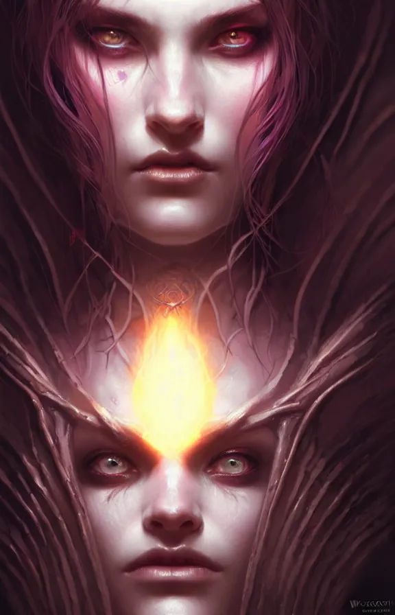 Image similar to Necromancer Sorceress face close-up macro in center, fantasy magic, undercut hairstyle, dark light night, intricate, elegant, sharp focus, illustration, highly detailed, digital painting, concept art, matte, art by WLOP and Artgerm and Greg Rutkowski and Alphonse Mucha, masterpiece