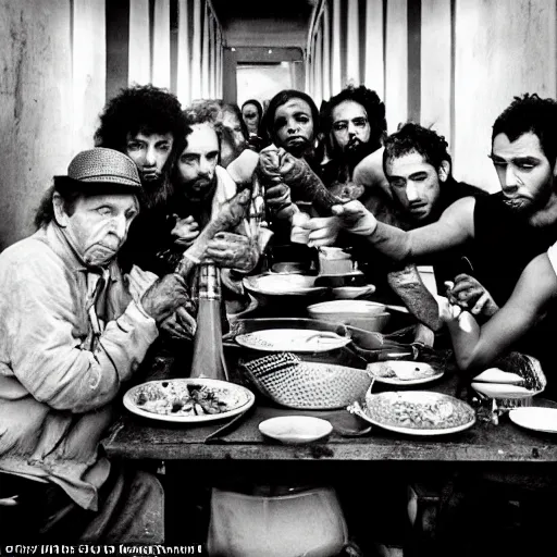 Image similar to Award Winning Editorial Masterpiece picture of a Tramps in a new York Soup Kitchen by David Bailey CBE, The Last Supper