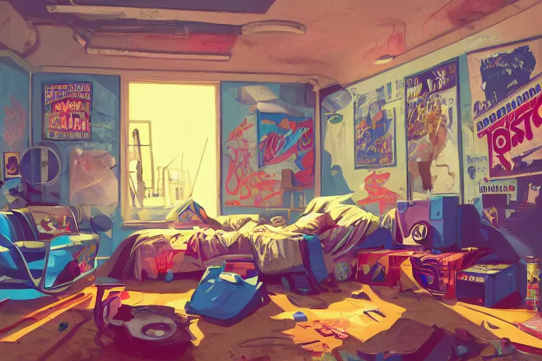 Prompt: a room of an american teen, graffiti and posters on the wall, bright, 8 0 s style, nostalgic, the sun shines in, warm, cozy, isometric art, bright, artstation, highly detailed, cinematic lighting + masterpiece