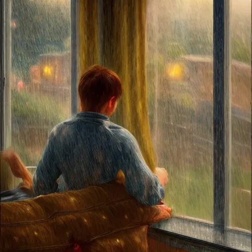 Prompt: on a rainy day, someone in home sits in bed, curled up under the covers, watching the rain outside the window, cinematic, artstation, extremely detailed, intricate, cinematic lighting, art by pierre - auguste renoir