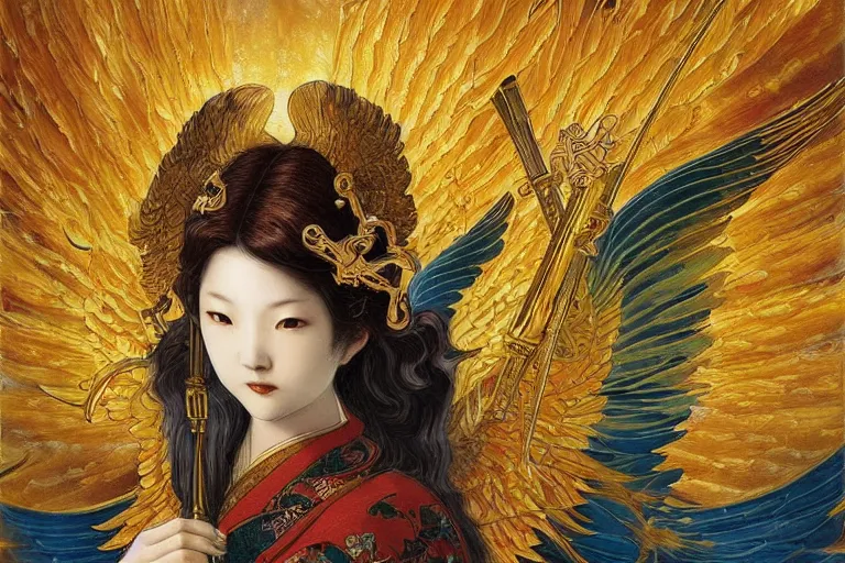 Image similar to glorious beautiful painting of Japanese female angel with flaming sword and golden wings, heavenly background and heavenly light, feminine figure, by James Jean, Neo-Gothic, gothic, Art Nouveau, rich deep moody colors