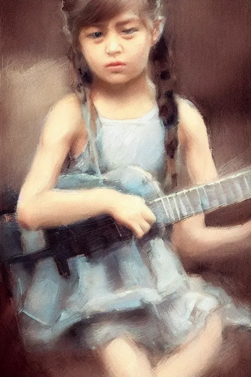 Image similar to “ little girl, pigtails hairstyle, practicing guitar, jeremy lipking, joseph todorovitch, casey baugh ”