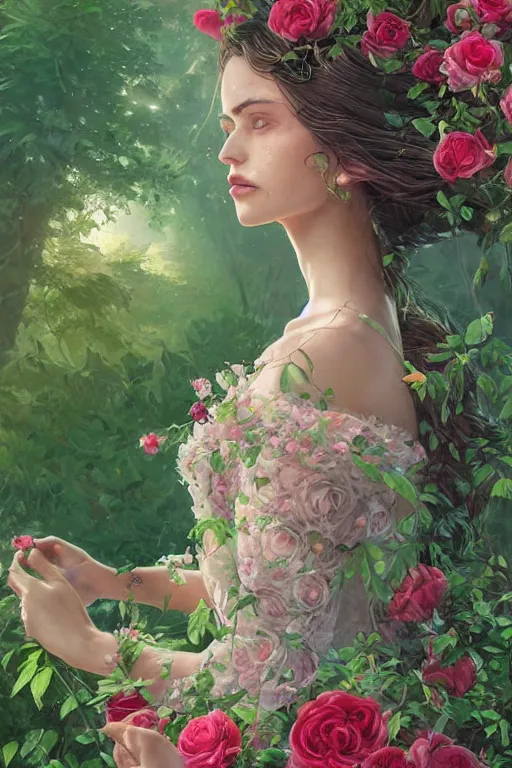 Image similar to beautiful woman in the middle of a lush garden with roses in her hair and an intricate gown, highly detailed, artstation, art by artgerm and greg rutkowski,