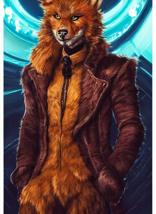 Image similar to aesthetic portrait commission of a of a male fully furry anthro ( animal ) with a tail and a beautiful attractive hyperdetailed face wearing wearing a outfit in a sci - fi dystopian city at golden hour while it storms in the background. character design by dayer, diego 5, detailed, inked, western comic book art, award winning film poster painting