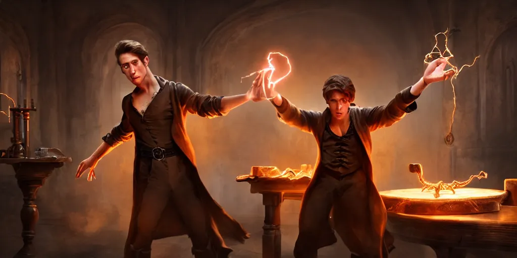 Prompt: action packed scene of a handsome young caucasian male sorcerer with brown hair he is casting a spell that is emanating from his hands he is in a alchemist lab, action pose, medium shot, waist up, digital art, photoreal, 4 k, unreal engine