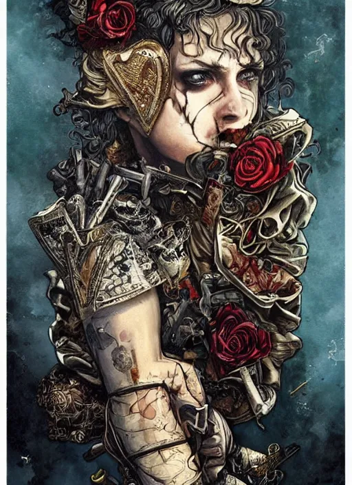 Prompt: tarot card :: horror :: vampires and draculas :: hearts and roses :: gold and silver :: guns and swords :: side profile :: highly details :: intricate details :: Sandra Chevrier and bastien lecouffe deharme
