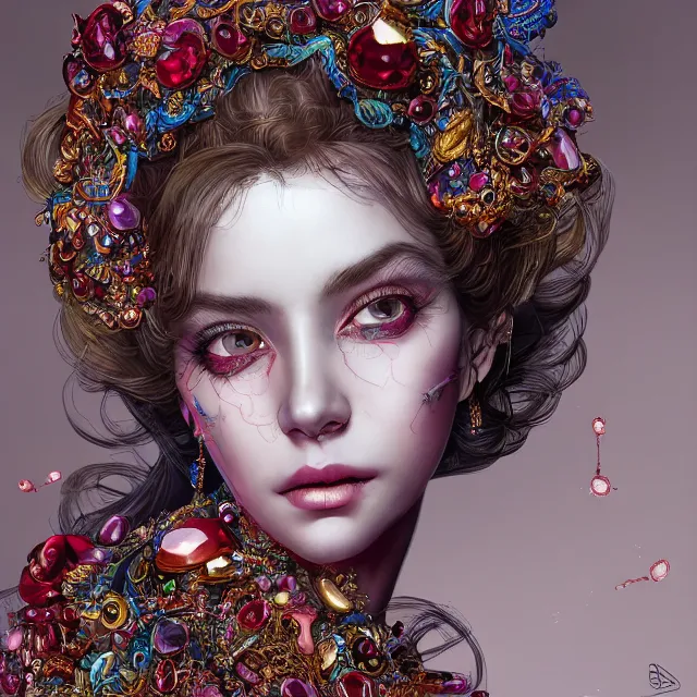 Prompt: studio portrait of absurdly beautiful, elegant, young colorful woman made of rubies and red gems, ultrafine hyperrealistic detailed face illustration by kim jung gi, irakli nadar, intricate linework, sharp focus, bright colors, matte, octopath traveler, final fantasy, unreal engine highly rendered, global illumination, radiant light, intricate environment