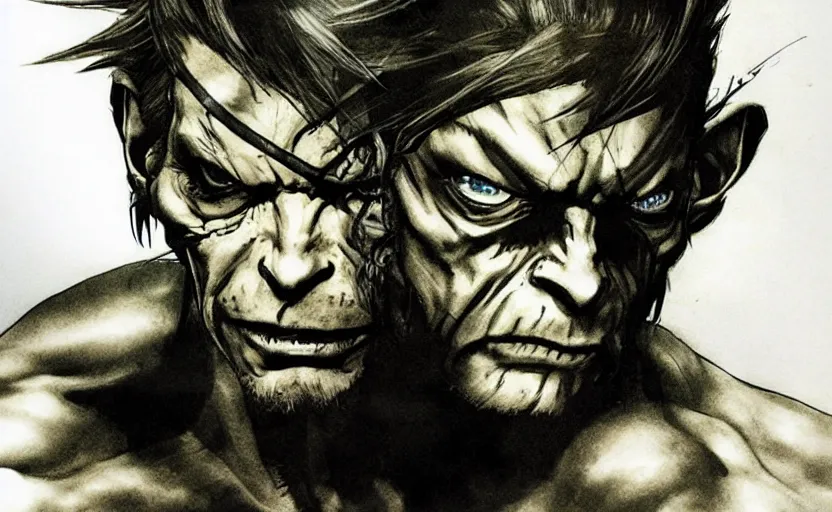 Image similar to yoji shinkawa drawing of gollum as solid snake, metal gear solid