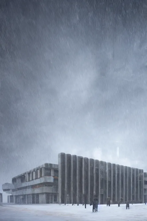 Prompt: brutalist architecture, hyperrealistic rendering, 4 k, tyndall effect, snow day