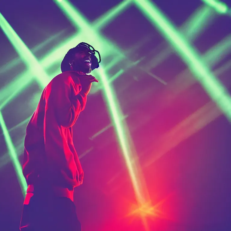 Image similar to rapper using microphone, laughing, epic angle, profile view, silhouetted, distinct, psychedelic hip-hop, laser light show, beams of light