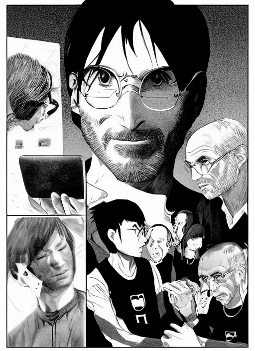 Image similar to steve jobs manga, final page, by katsuhiro otomo and hiroya oku and makoto yukimura