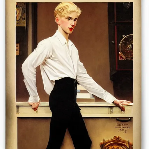 Image similar to beautiful painting of the androgynous pale blond prince Lucius with long curly blond hair, delicate young man wearing a soft white poet shirt and a black miniskirt and heels, pinup poster by J.C Leyendecker and Norman Rockwell