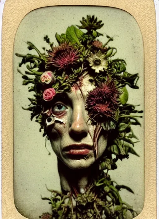 Image similar to beautiful and detailed rotten woman made of plants and many different types of flowers, muscles, intricate, organs, ornate, surreal, john constable, guy denning, caravaggio, 1 9 1 0 polaroid photo