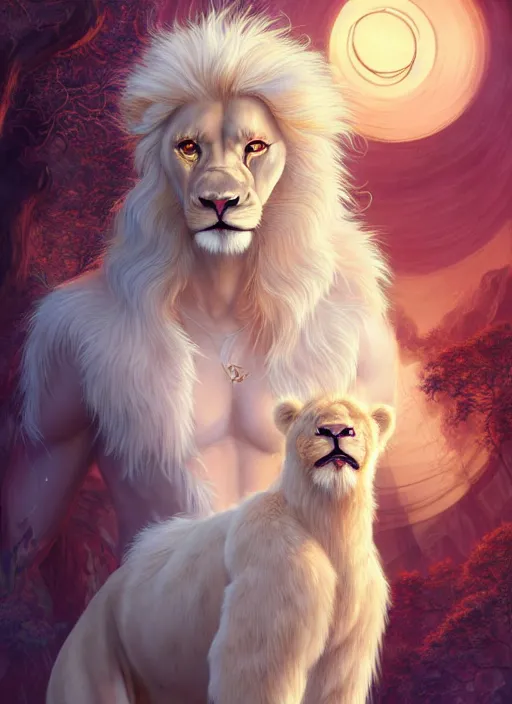 Image similar to aesthetic portrait commission of a of a male fully furry muscular anthro albino lion with a tail and a beautiful attractive hyperdetailed face wearing stylish and creative wearing Norwegian outfit in a sci-fi utopian city at golden hour while it sunshowers in the background. Character design by charlie bowater, ross tran, artgerm, and makoto shinkai, detailed, inked, western comic book art, 2021 award winning film poster painting