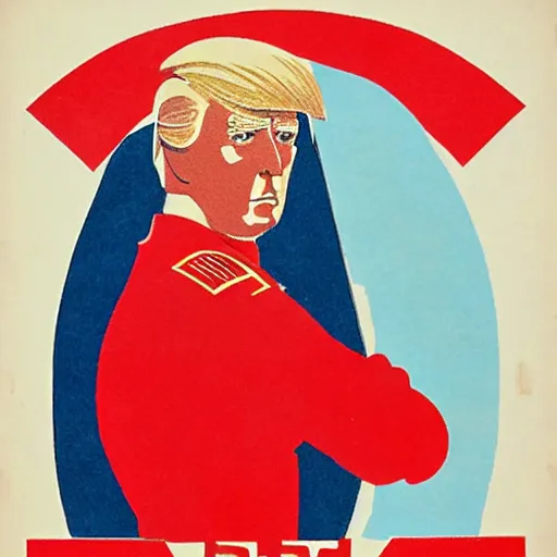 Prompt: ussr propaganda art demonstrating red army soldier looking as donald trump