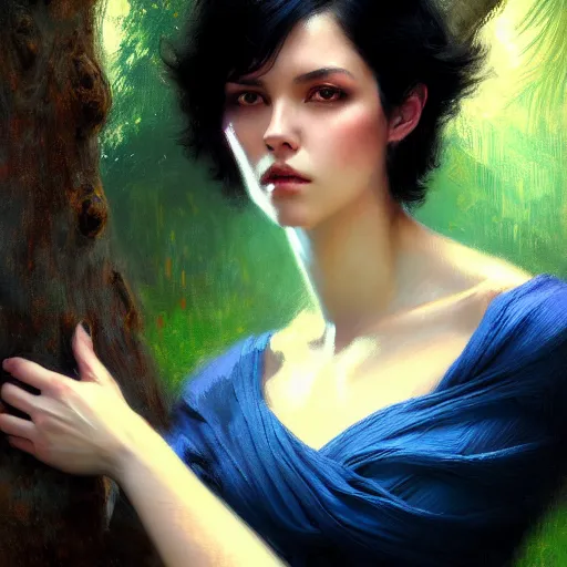 Image similar to portrait of a strong woman resting on a large tree, short black hair, thoughtful experssion, slender dark blue clothing, bare legs sharp focus, ultra realistic digital painting, colorful, cinematic lighting, high fantasy, intricate, highly detailed, smooth, elegant, gaston bussiere, bayard wu, greg rutkowski