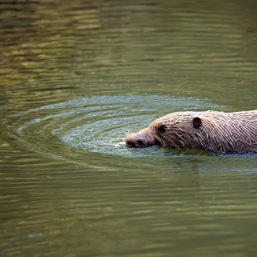 Prompt: One man swimming alongside a lone otter in the river. Award-winning, front view, daylight, photoreallrstic, 4k