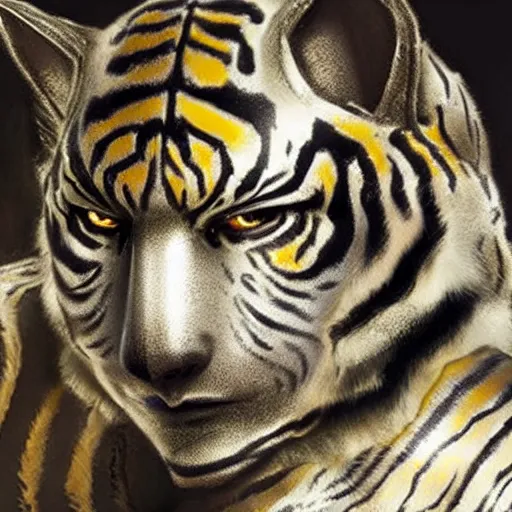 Prompt: silver tiger-like features on a humanoid face wearing space armor, yellow eyes, teeth like a saber tooth and fine grayish fur