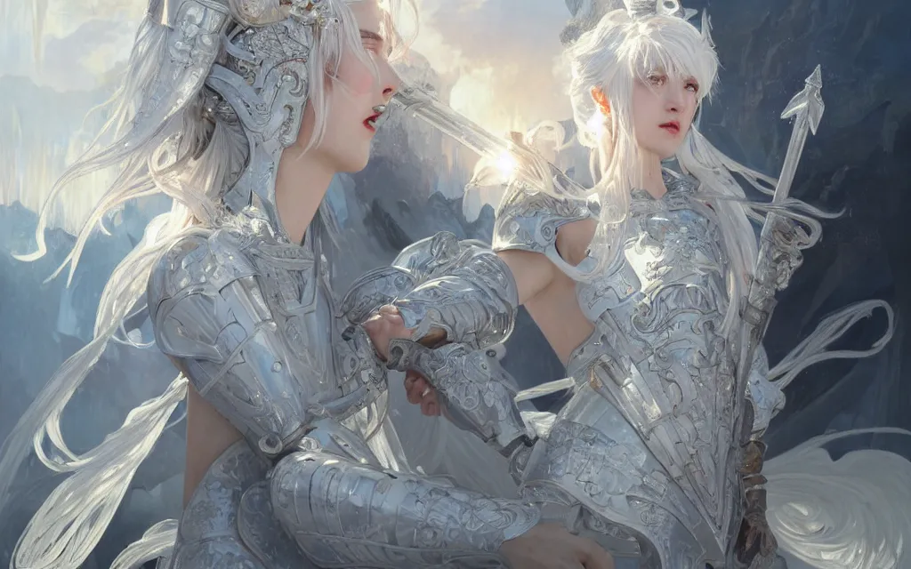 Image similar to white hair knights of zodiac girl, sliver ice color reflected armor, bushido fighting in ruined agora of athens sunrise, ssci - fi and fantasy, intricate and very very beautiful and elegant, highly detailed, digital painting, artstation, concept art, smooth and sharp focus, illustration, art by tian zi and wlop and alphonse mucha