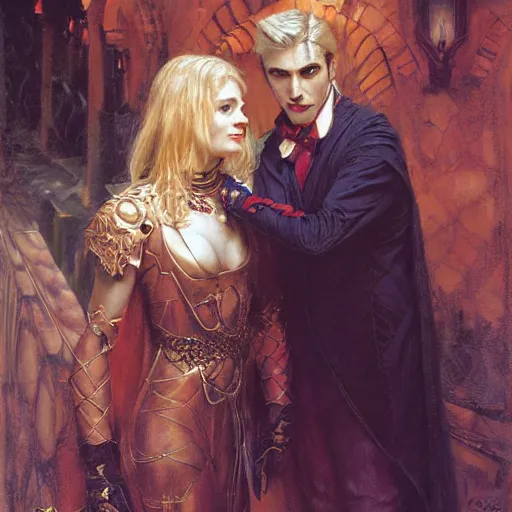 Prompt: attractive male arthur pendragon who has blond hair confesses his love to attractive male dracula. highly detailed painting by gaston bussiere, craig mullins, j. c. leyendecker 8 k