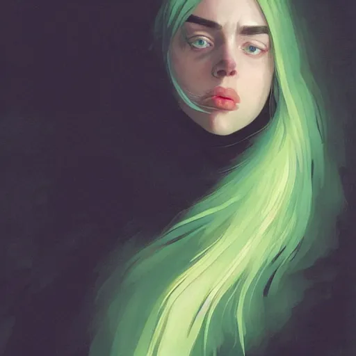 Image similar to 4k headshot of thicc Billie Eilish from Macfarlane comics, killing with green fire by Craig Mullins, ilya kuvshinov, krenz cushart, epic , artgerm trending on artstation by Edward Hopper and Dan Mumford and WLOP and Rutkovsky, beksinski carl spitzweg moebius and tuomas kocar, intricate artwork by caravaggio, Unreal Engine 5, Lumen, Nanite , 4K headshot of godlike clown with defined arms and open hands and bloody clothes with giant mandala wings , intricate face , flawless anime cel animation by Kentaro Miura, psychedelic , highly detailed upper body , professionally post-processed , beautiful, scary, symmetry accurate features, epic, octane rendered, anime masterpiece, accurate