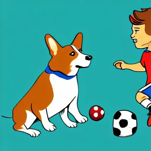 Image similar to illustration of french boy in paris playing football against a corgi who is wearing a polka dot scarf