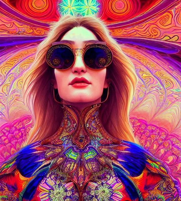 Prompt: close up of a beautiful woman at burning man wearing a kaleidoscopic psychedelic dress and fractal sunglasses, fantasy, intricate, elegant, highly detailed, digital painting, artstation, concept art, smooth, 8 k, sharp focus, illustration, art by artgerm and greg rutkowski and alphonse mucha